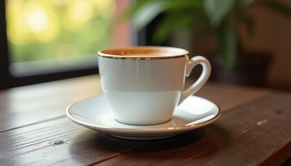 Fototapeta premium Coffee Mug Mockup: White Cup on Wooden Table Near Window with Blurred Background