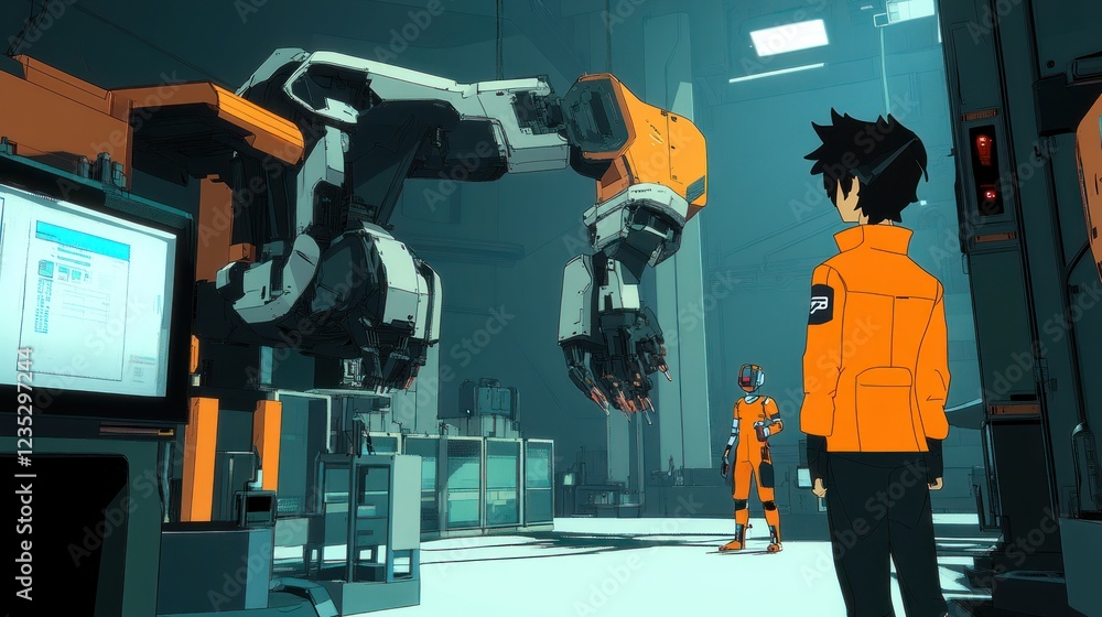 Poster humanoid robot technician observing advanced robotic arm