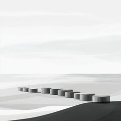 Cylindrical Forms Arranged Linearly Across a Pale Landscape