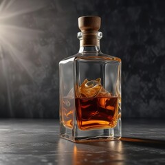 Empty Glass and Square-Shaped Whiskey Bottle on a Dark Gray Cement Background with Rays of Light, square bottle, light rays