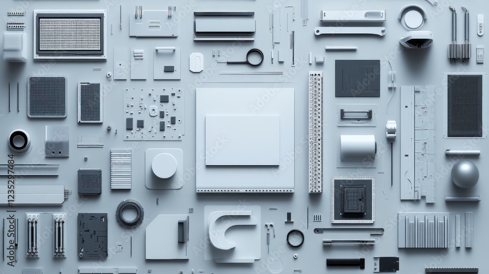 Poster grey technological components arranged symmetrically