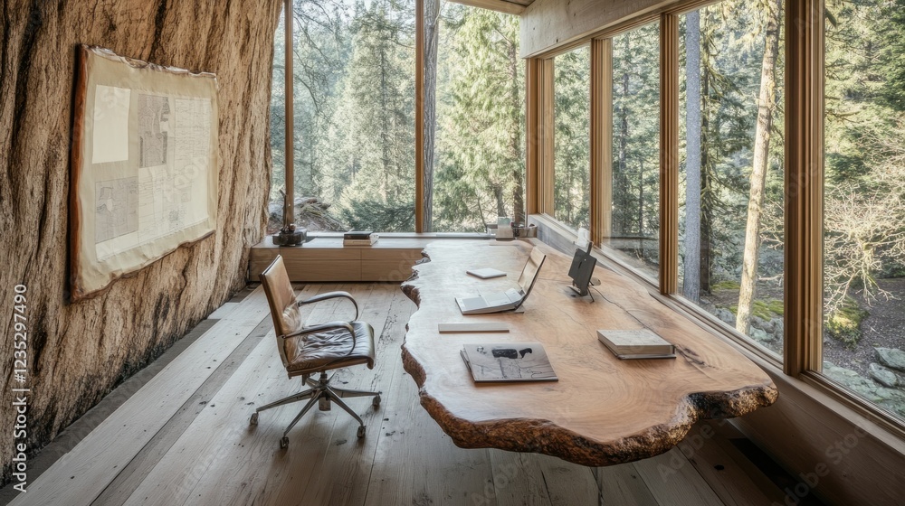 Poster rustic wooden office with forest view and large desk