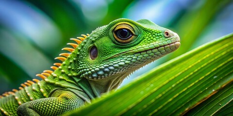 Obraz premium ** Green Lizard Basking on Lush Tropical Leaf**..**