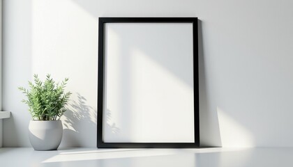 Minimalist Mockup: White Wall, Plant, Black Frame on White Surface