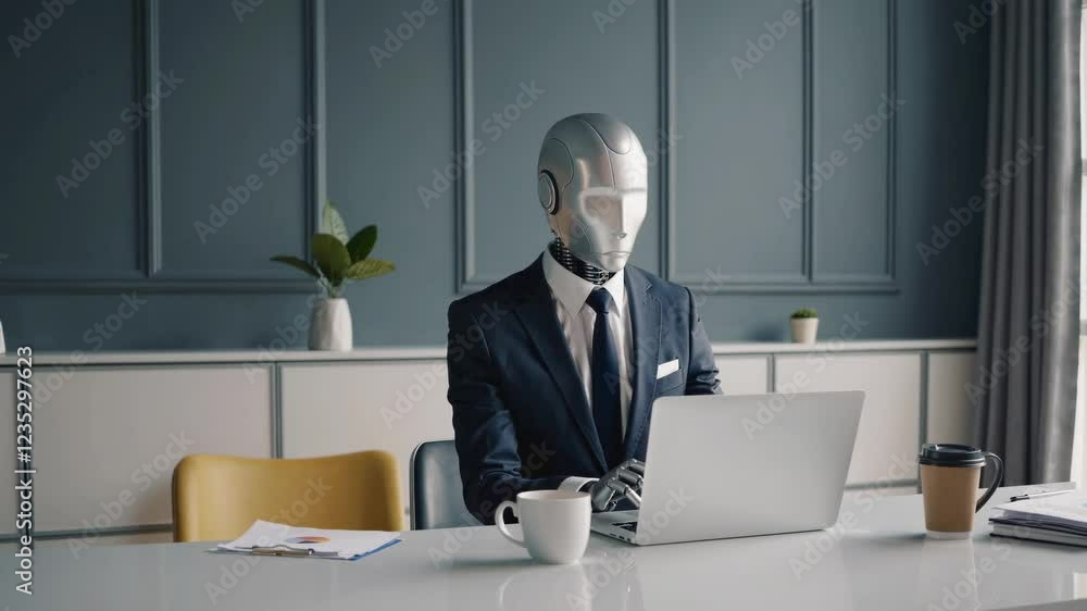 Poster professional humanoid conducts business tasks with precision. navy-suited android manager reviews di