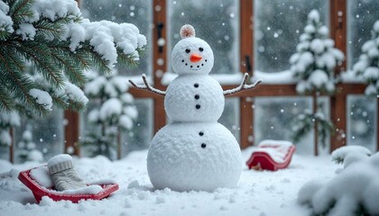 Fototapeta premium Snowman in Snowy Setting with Red Sled