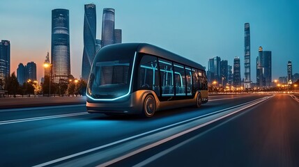A futuristic electric bus drives along the highway, with a holographic projection display and a streamlined design. The city skyline is visible in the background at dusk. 