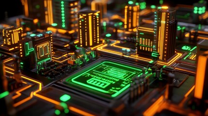 Obraz premium Futuristic Cityscape Integrated Within A Circuit Board