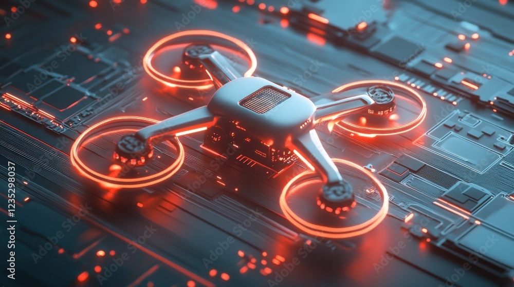 Poster futuristic drone resting on a technological surface