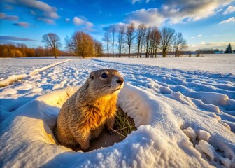 Obraz premium Groundhog Emerging from Burrow in Winter Wonderland