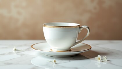 Delicate White Flowers Against Elegant Gold Rim Porcelain Mockup