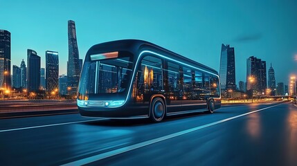 A futuristic electric bus drives along the highway, with a holographic projection display and a streamlined design. The city skyline is visible in the background at dusk. 