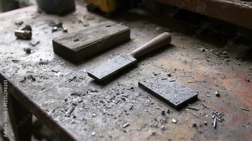 Poster messy workbench with tools and metal shavings