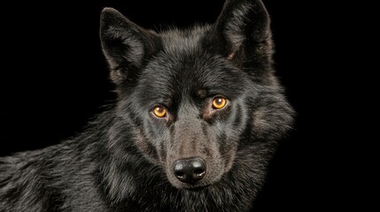 Majestic Black Wolf Portrait Against Dark Background