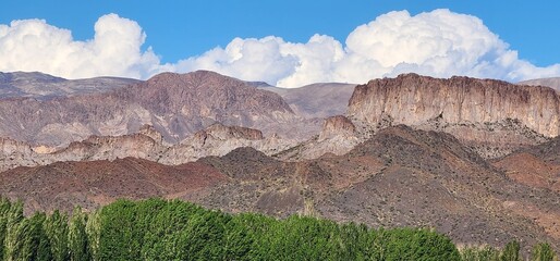 Scenic mountain landscape in Uspallata, Mendoza, Los Andes, with rugged rock formations, lush green trees, and a dramatic sky with white clouds. Earthy tones highlight the natural beauty of the region