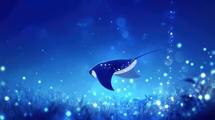 A Spotted Eagle Ray Swims Through Bioluminescent Underwater Plants