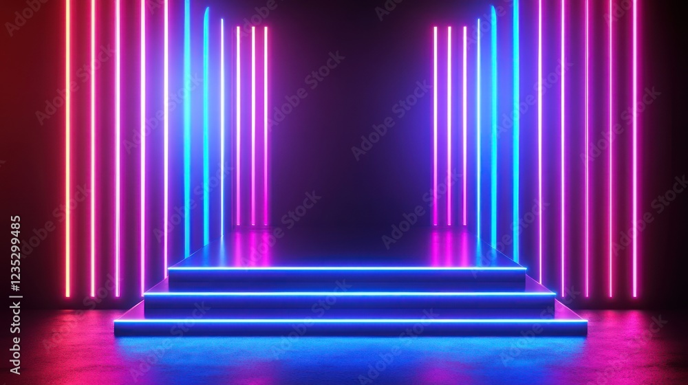 Poster neon lights illuminate three step platform