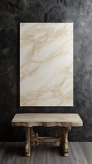 A minimalist interior featuring a marble-patterned artwork above a wooden table.