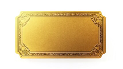 Fototapeta premium Golden ticket, a rectangular blank golden ticket with an intricate border on a white background