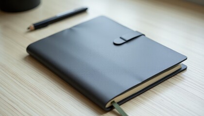 Black Leather Notebook Mockup with Pen on Wooden Surface