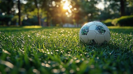 Fototapeta premium Sunset Soccer: A Football Resting on Lush Green Grass