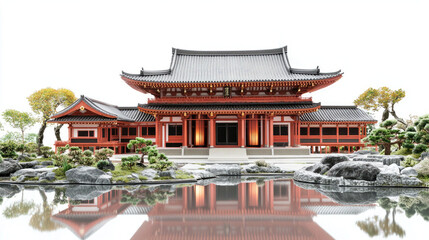Traditional Japanese Pagoda on a Misty Lake