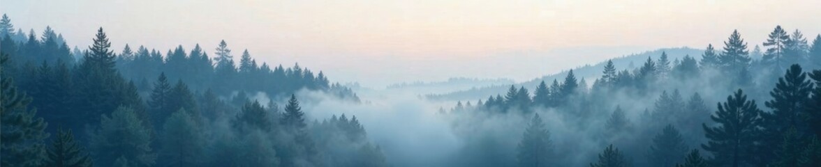 Fototapeta premium Foggy forest of northern spruce trees in misty atmosphere, natural haze, wild