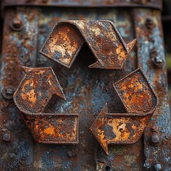 Vintage Rusty Recycling Icon with Directional Arrows in a Circular Design, 円形デザインに収めたヴィンテージ風の錆びたリサイクルアイコン.GenerativeAI