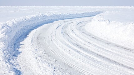 Winding snow-covered road, arctic landscape, winter travel