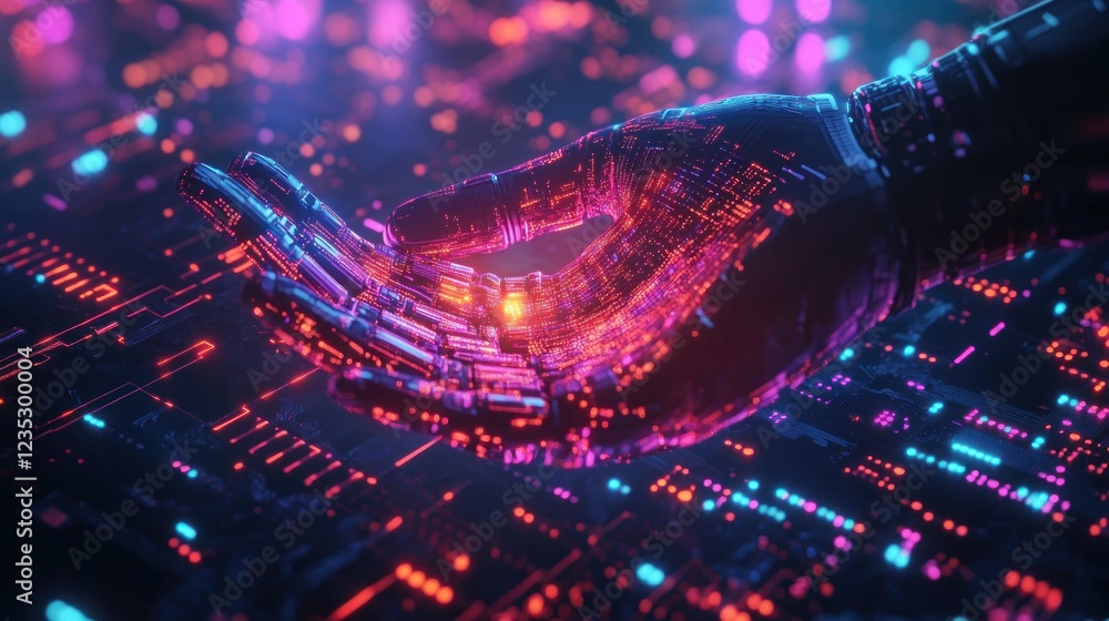 Poster a robotic hand rests on a neon circuit board