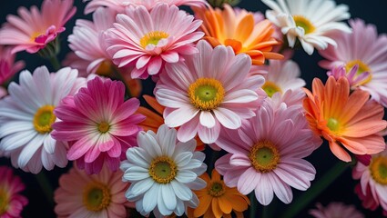 Fototapeta premium close-up of a group of flowers. The flowers are in various shades of pink, white, and orange. The petals of the flowers are arranged in a scattered manner, with some overlapping each other.