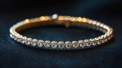 Photograph of a gold tennis bracelet with diamonds on a dark background.