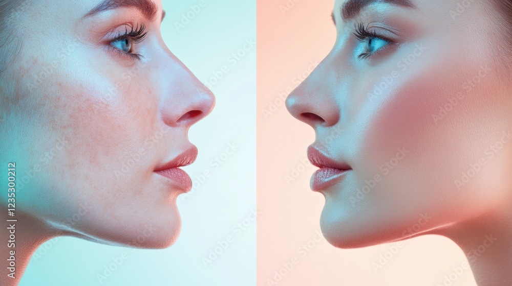 Poster contrast of youth and aging displayed through two side by side profiles in a vibrant artistic settin