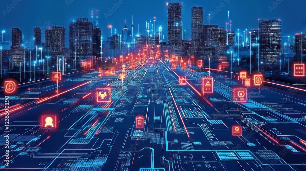 Poster futuristic cityscape illuminated by digital network pathways