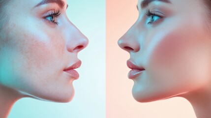 Obraz premium Contrast of youth and aging displayed through two side by side profiles in a vibrant artistic setting. Generative AI