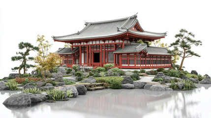 Traditional Japanese Pagoda on a Misty Lake