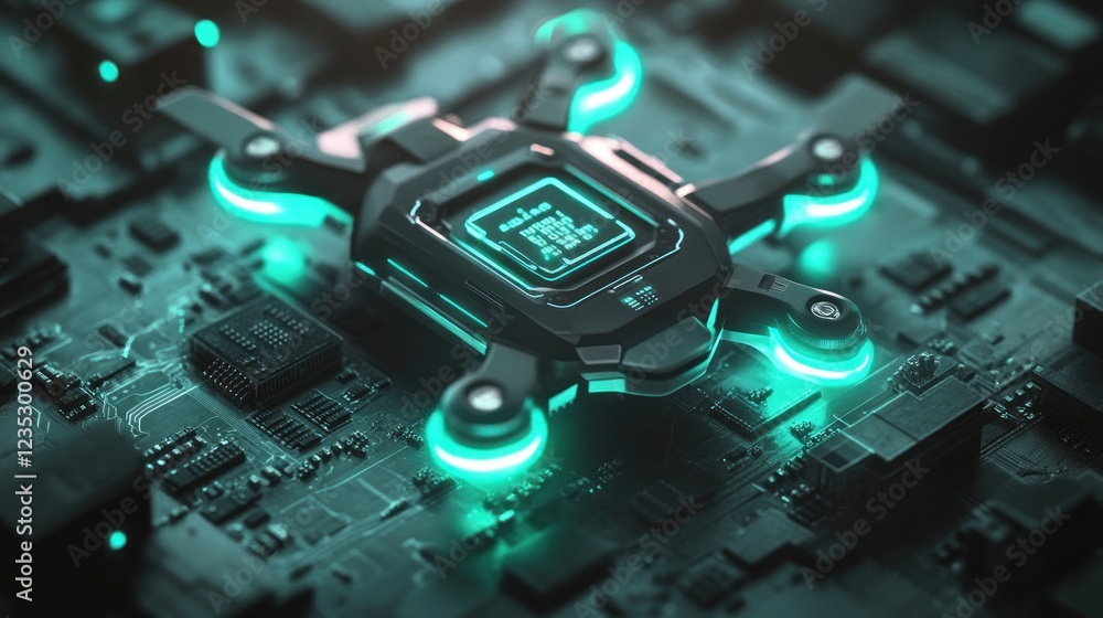 Poster futuristic drone resting on a circuit board