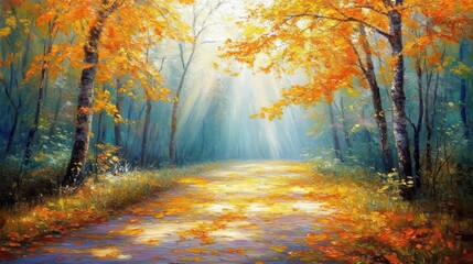 Obraz premium Autumn Path Through Golden Forest Sunlight