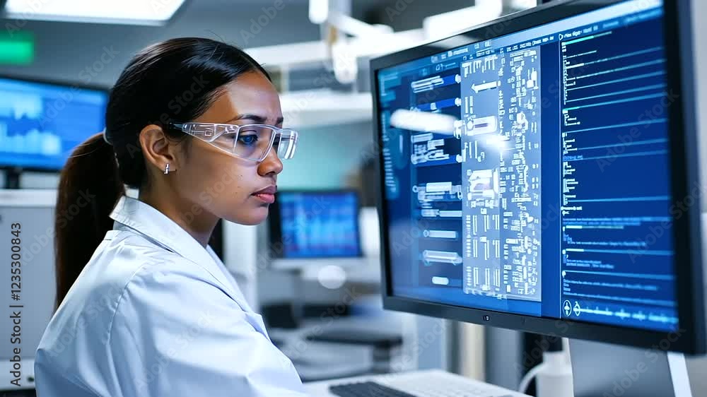 Poster diverse engineer analyzing data in a cutting-edge laboratory environment.