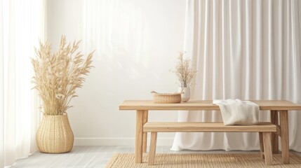 Minimalist Room Decor With Wooden Table And Dried Flowers