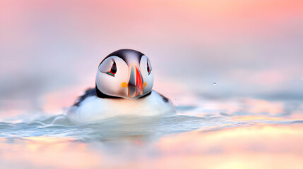 Obraz premium Puffin swimming at sunset, ocean background, nature wildlife