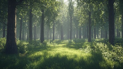 Obraz premium A dense pine forest with tall trees and lush green grass, creating an enchanting woodland scene.