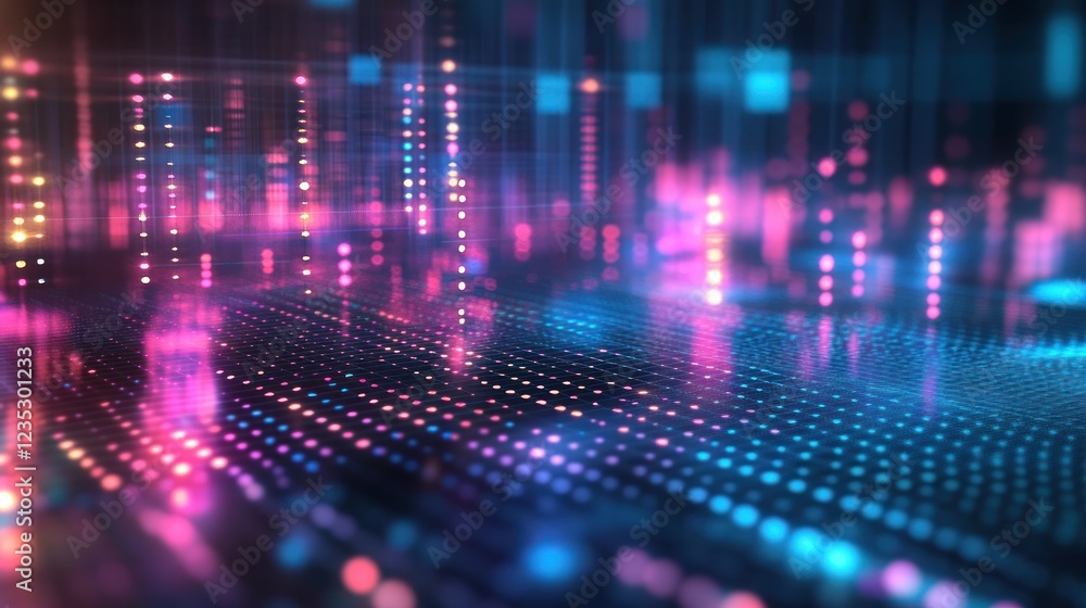 Poster abstract digital network grid illuminated with pink and blue lights