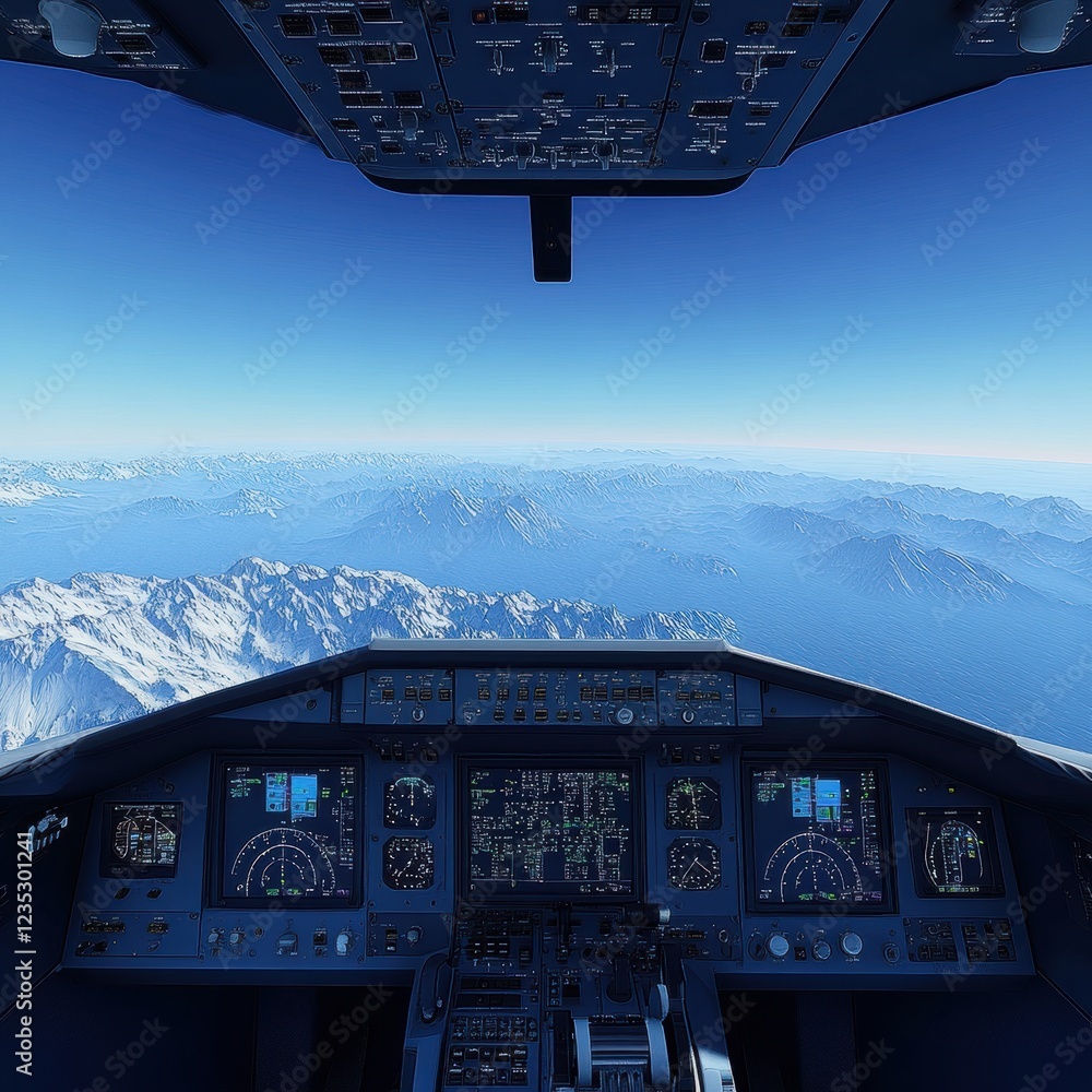 Poster view from the cockpit overlooking a vast mountain range under clear skies during a sunny day. genera