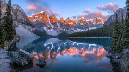 Majestic Mountain Reflections In A Calm Lake At Sunrise