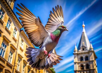 Homing Pigeon in Flight: Majestic Bird Soaring Against a Vivid Blue Sky