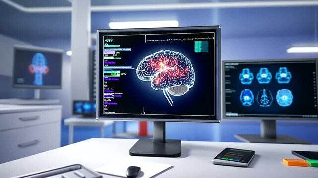 Futuristic neurological suite featuring a holographic brain display and patient data analysis.