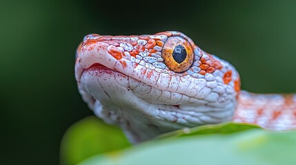 Fototapeta premium Close-up of a red and white snake's head in a jungle