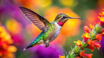 Naklejka premium Hummingbird in Flight: Close-up of a Tiny Bird Hovering Near Vibrant Flower