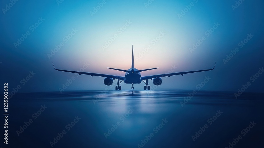 Poster silhouette of an airplane at dawn against a misty backdrop with clean lines conveying a sense of tra